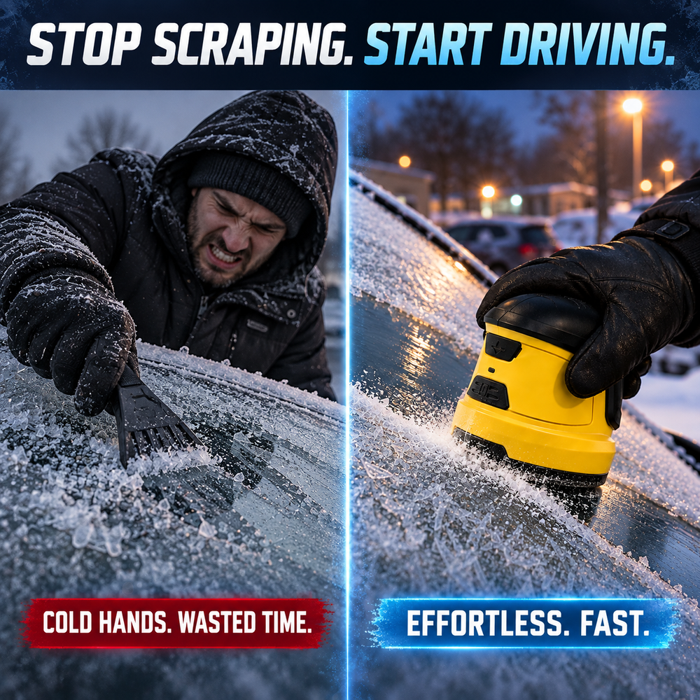 Manual ice scraper vs FROZTRUSH electric ice scraper on a frozen windshield