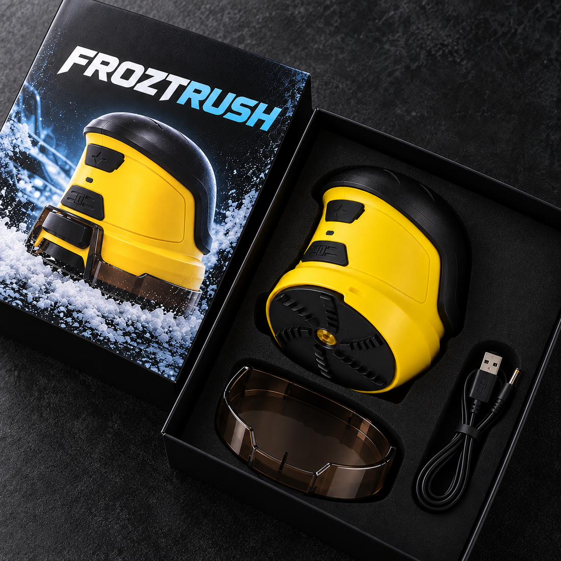 What's in the box: FROZTRUSH scraper, protective cover and USB charging cable