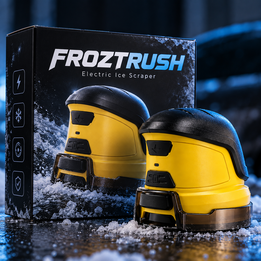 FROZTRUSH electric ice scraper with its retail box