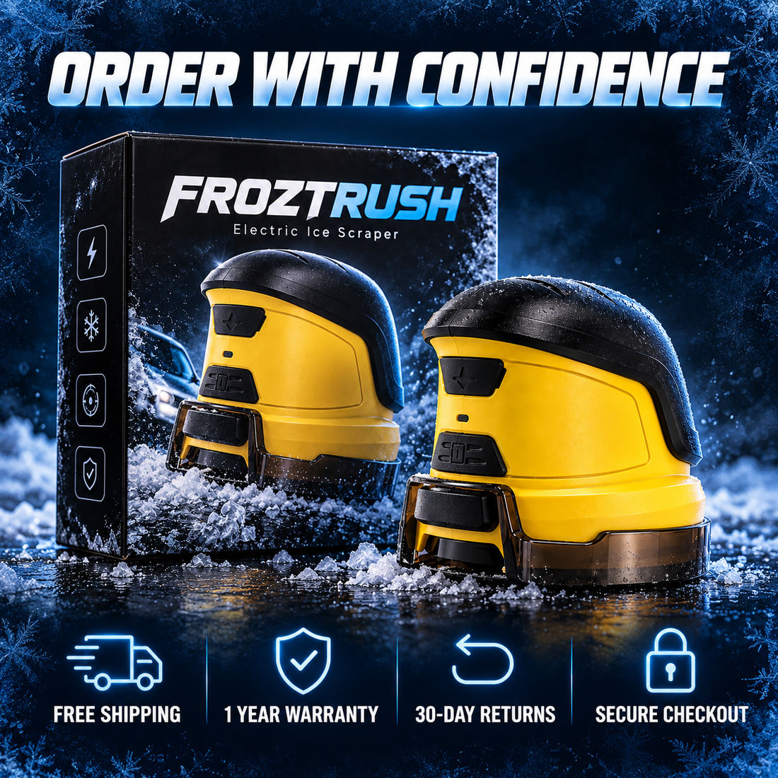 FROZTRUSH box and scraper with free shipping, 1 year warranty, 30-day returns and secure checkout