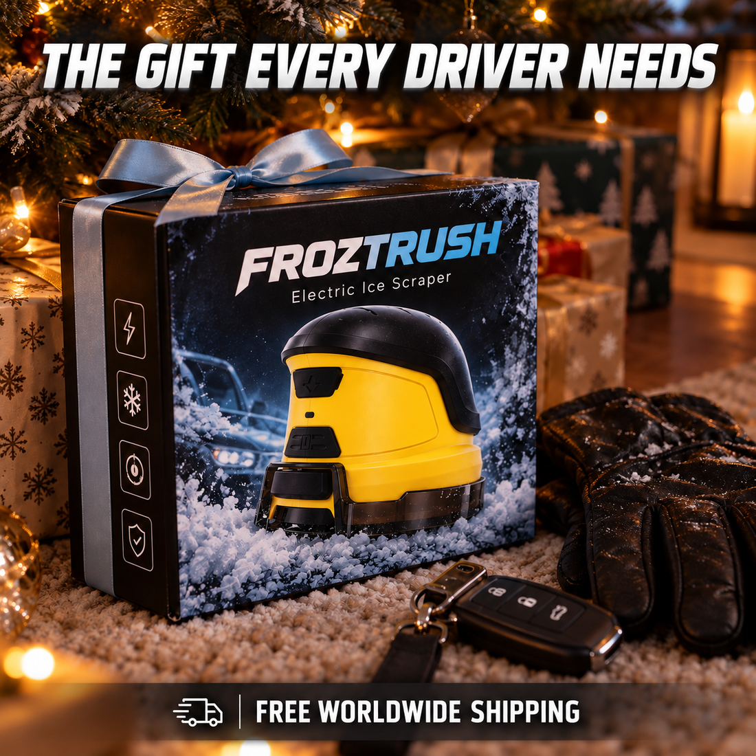 FROZTRUSH electric ice scraper gift box under a Christmas tree