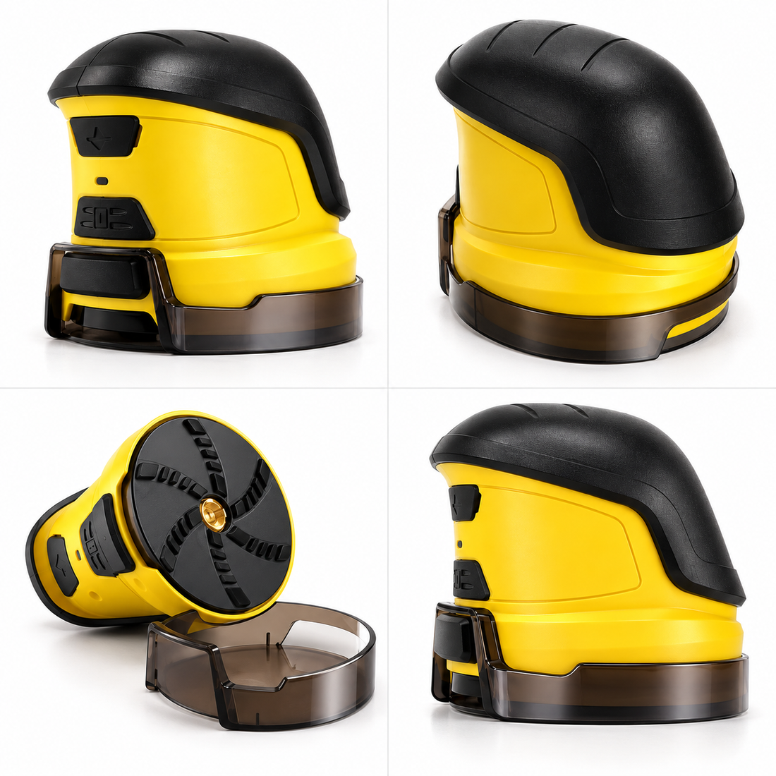 FROZTRUSH electric ice scraper shown from four angles including the rotating ice disc
