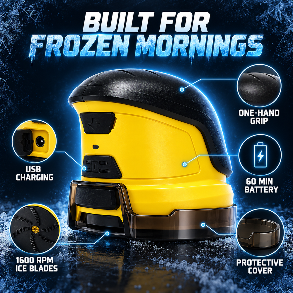 FROZTRUSH features: 1600 RPM ice blades, 60 min battery, USB charging, one-hand grip, protective cover