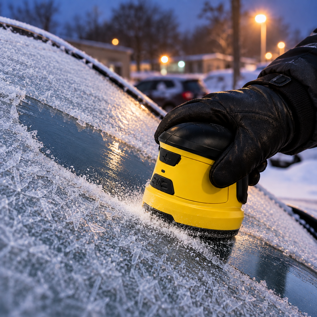 Gloved hand clearing frost from a car windshield with the FROZTRUSH electric ice scraper